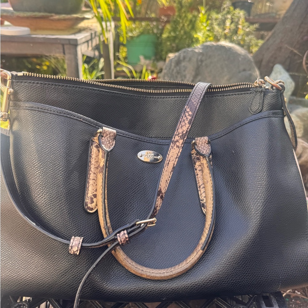 Coach Black Pebbled Leather Satchel with Snake-Trim Accents